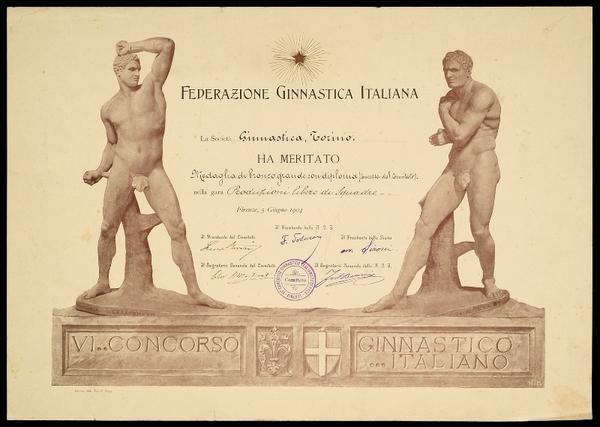 Diploma di Medaglia di Bronzo per il VI Concorso Ginnastico Italiano - Firenze, 5 giugno 1904